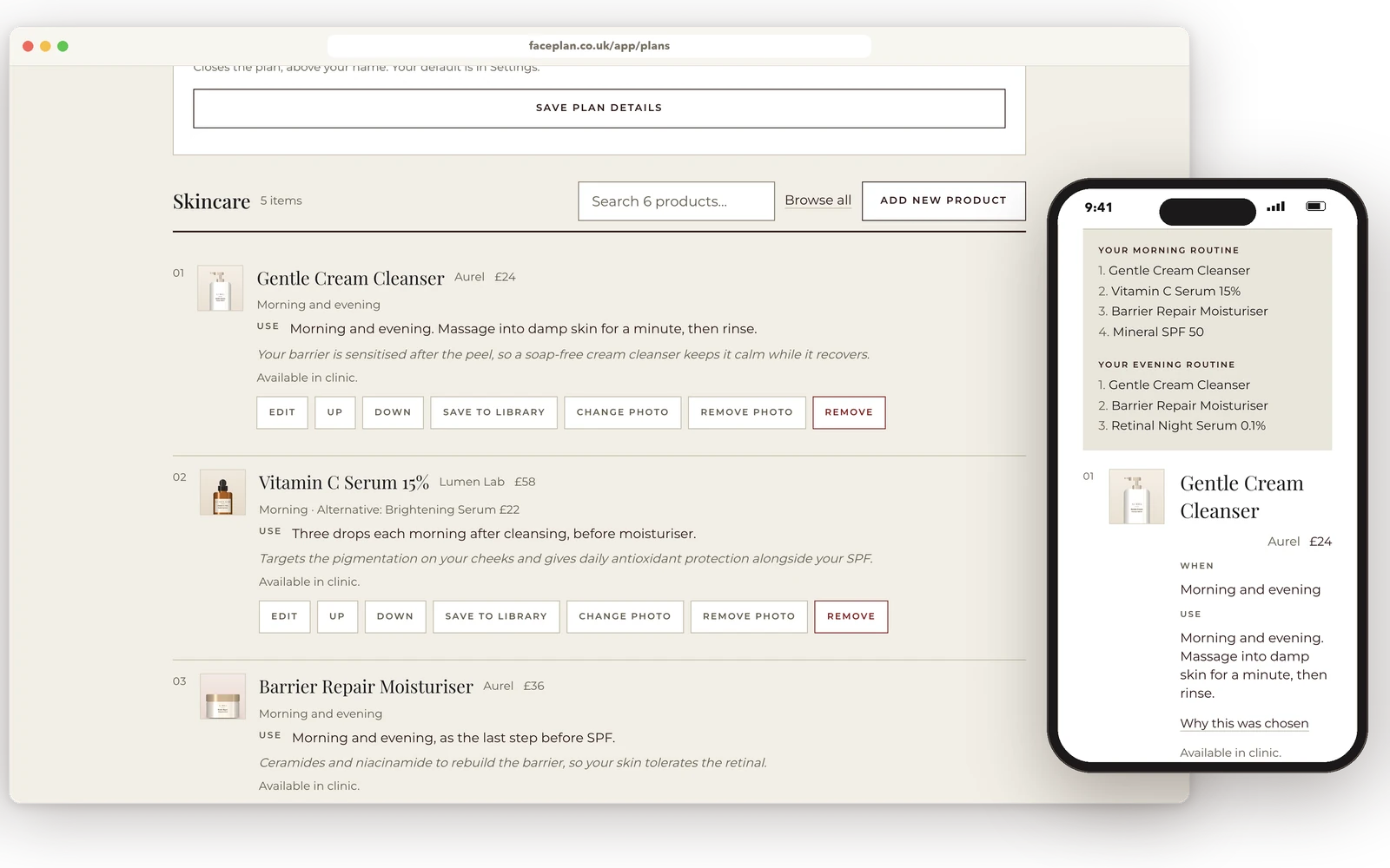 The FacePlan plan builder on a laptop, and the same plan as the client sees it on a phone