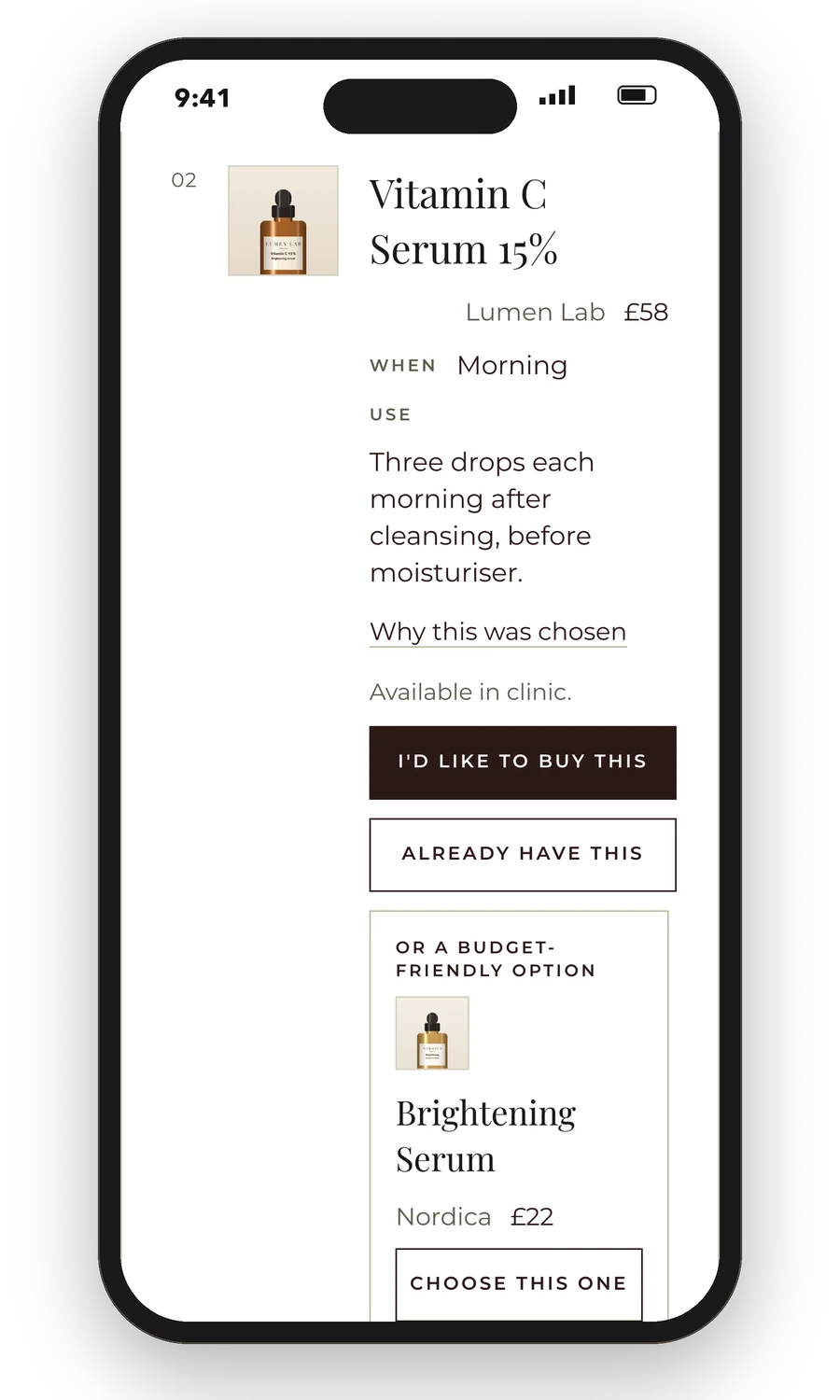 A serum with the practitioner's reason, a buy button and a budget-friendly alternative
